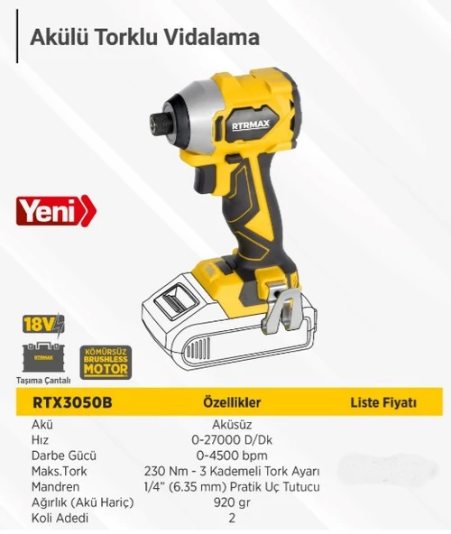 RTRMAX X-LION RTX3050B AKÜLÜ TORKLU VİDALAMA KÖMÜRSÜZ 230Nm Akü ve Şarj Hariç - 2