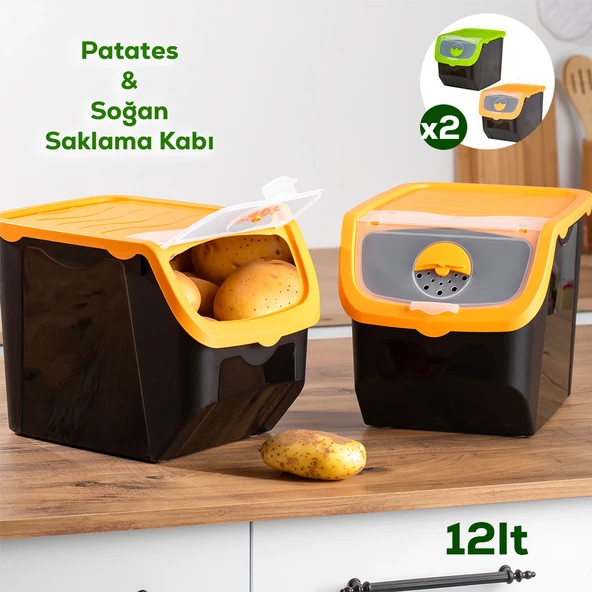 Porsima1506 Turuncu 2'li Çok Amaçlı Plastik Patates Soğan Sarımsak Oyuncak Erzak Saklama Kutusu 12L