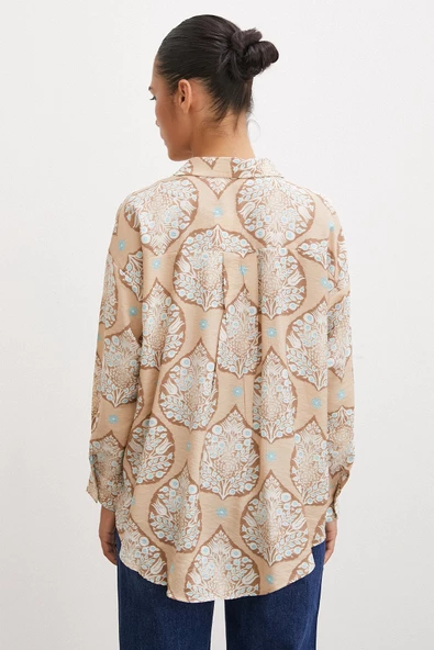Çini Desenli Modal Gömlek Kahve - Resim 4