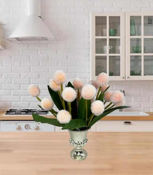 Nettenevime Yapay Çiçek Şampanya Rengi Pompon Çiçeği Dekoratif Yapay Çiçek 7 Toplu 30*20cm - Resim 8