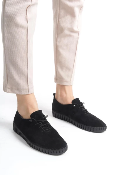 Artı-Artı014-ALK053  Hakiki Deri Ortopedik Kadın Siyah Süet Ayakkabı - Resim 4