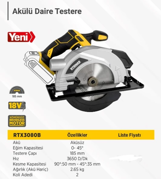Rtrmax Rtx3080 Akülü Daire Testere Kömürsüz 185mm Çift Akü 4 Ah - 2
