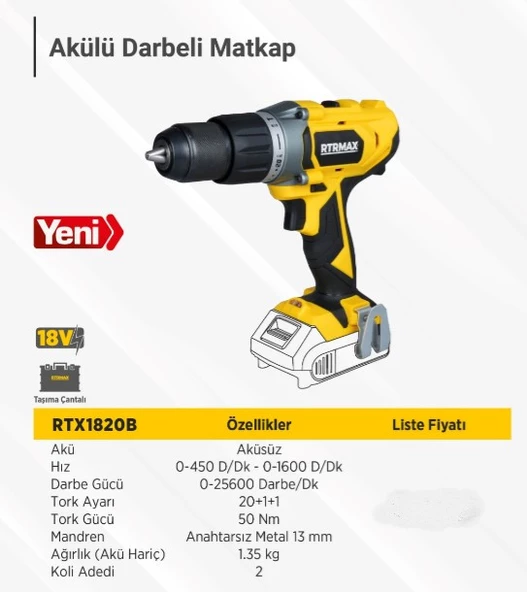 RTRMAX X-LION RTX1820B AKÜLÜ DARBELİ MATKAP 50Nm AKÜ VE ŞARJ HARİÇ - 2