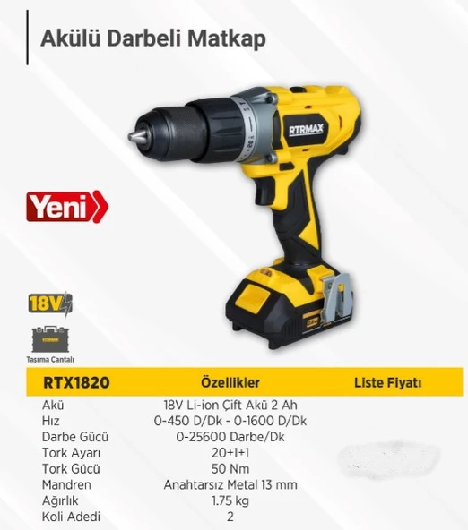 RTRMAX X-LION RTX1820 AKÜLÜ DARBELİ MATKAP 50Nm 2X2Ah AKÜ - 2