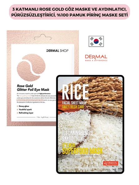 3 Katmanlı Rose Gold Göz Maske ve Aydınlatıcı, Pürüzsüzleştirici, %100 Pamuk Pirinç Maske Seti ürün görseli