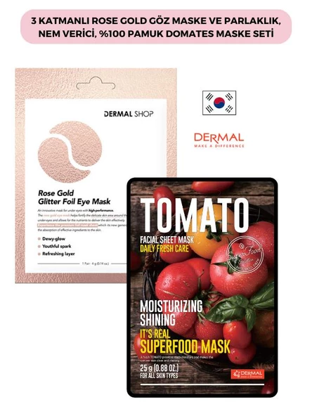 3 Katmanlı Rose Gold Göz Maske ve Parlaklık, Nem Verici, %100 Pamuk Domates Maske Seti