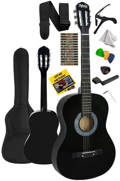 Midex CG-265BK Siyah Klasik Gitar 4/4 Yetişkin Boy Sap Ayarlı Full Set