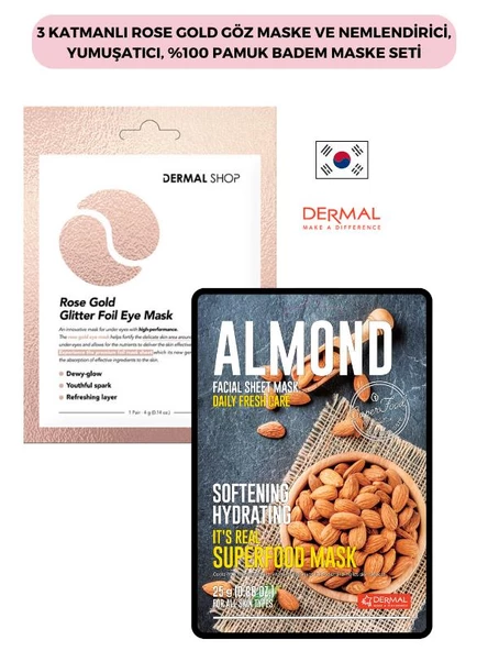 3 Katmanlı Rose Gold Göz Maske ve Nemlendirİci, Yumuşatıcı, %100 Pamuk Badem Maske Seti - 1