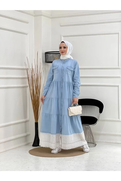 Dantelli Doğal Kumaşlı Boydan Düğmeli Kot Elbise