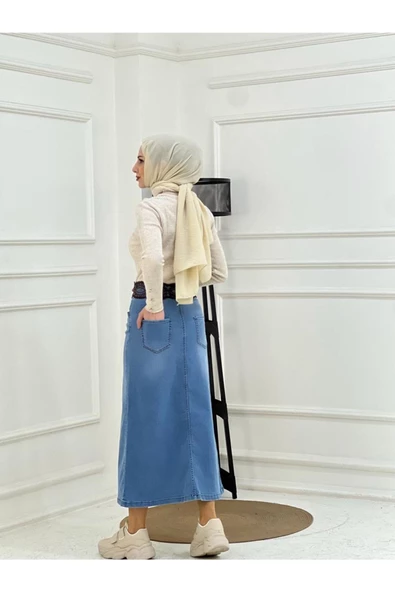 Kemer Dantel Detaylı Kot Etek - Koyu Mavi - 12