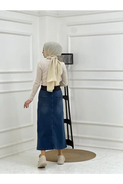 Kemer Dantel Detaylı Kot Etek - Koyu Mavi - 8