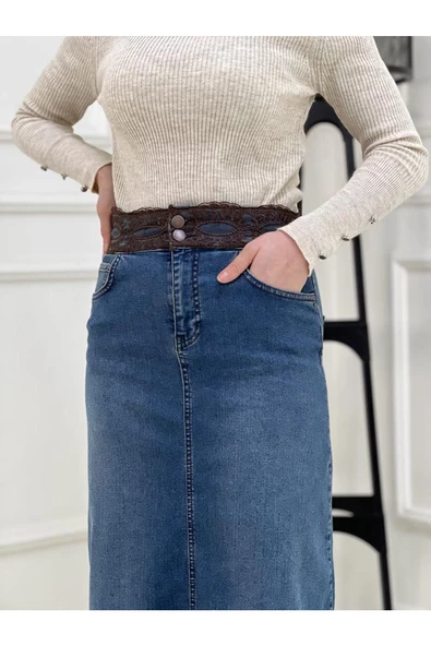 Kemer Dantel Detaylı Kot Etek - Koyu Mavi - 3