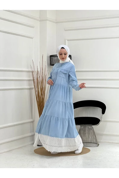 Dantelli Doğal Kumaşlı Boydan Düğmeli Kot Elbise - 11