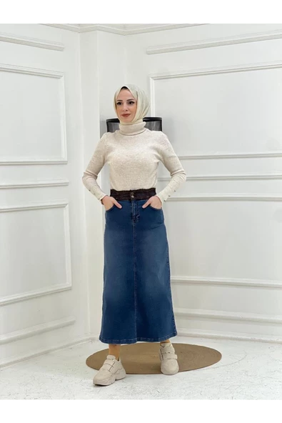 Kemer Dantel Detaylı Kot Etek - Koyu Mavi - 4