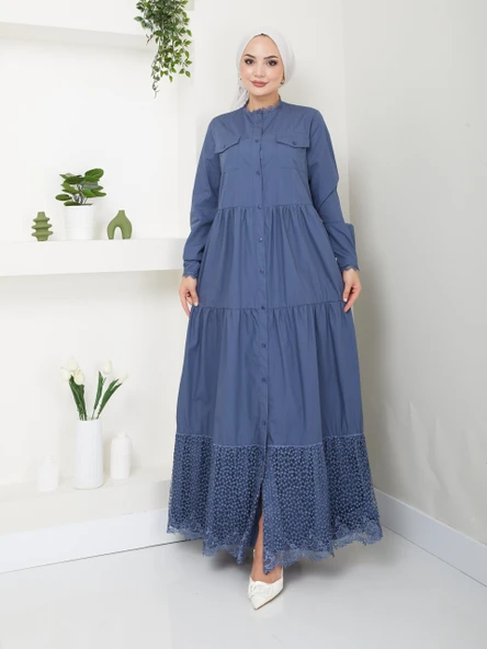 Dantelli Doğal Kumaşlı Boydan Düğmeli Kot Elbise - 6