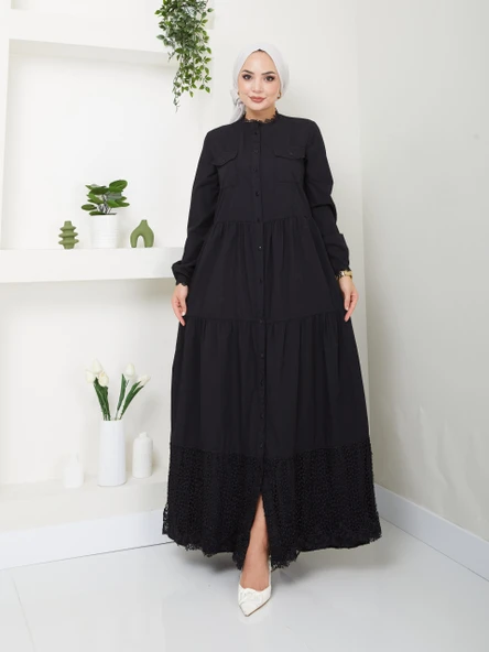 Dantelli Doğal Kumaşlı Boydan Düğmeli Kot Elbise - 9