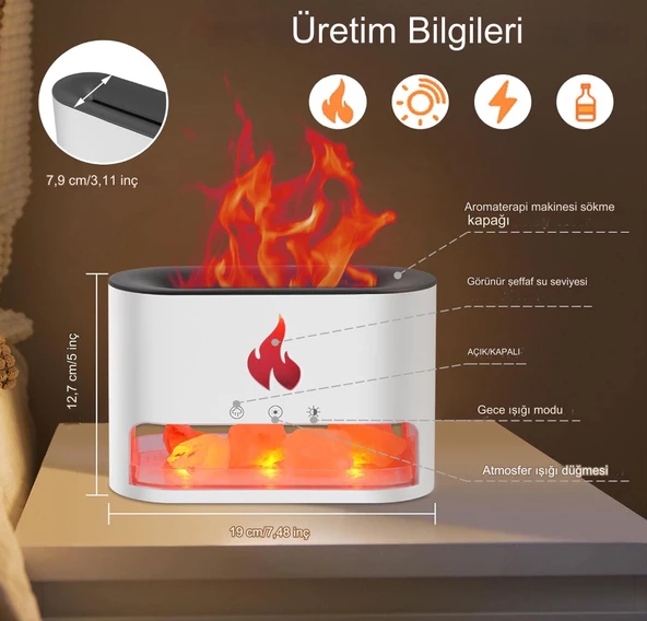 Şömine Tasarımlı Alevli Işıklı Buhar Makinesi Doğal Taş Hediyeli - 4