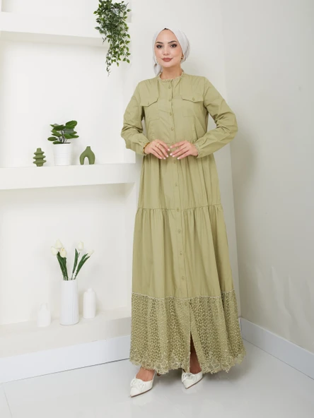 Dantelli Doğal Kumaşlı Boydan Düğmeli Kot Elbise - 2