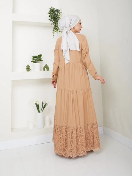 Dantelli Doğal Kumaşlı Boydan Düğmeli Kot Elbise - 4