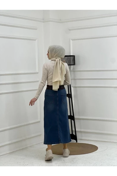 Kemer Dantel Detaylı Kot Etek - Koyu Mavi - 7