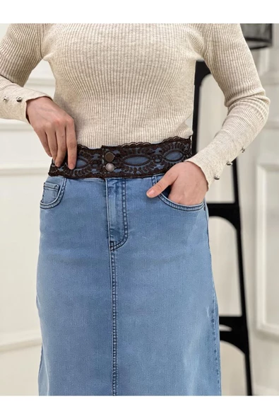 Kemer Dantel Detaylı Kot Etek - Koyu Mavi - 10