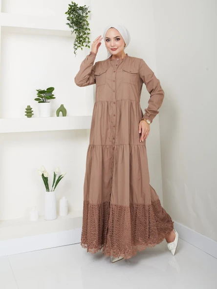Dantelli Doğal Kumaşlı Boydan Düğmeli Kot Elbise - 10
