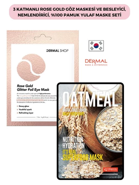 3 Katmanlı Rose Gold Göz Maskesi ve Besleyici, Nemlendirici, %100 Pamuk Yulaf Maske Seti