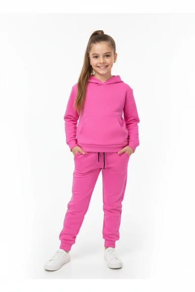 Basic Düz Kanguru Cepli Kapüşonlu Çocuk Eşofman MNK0611 - Resim 10