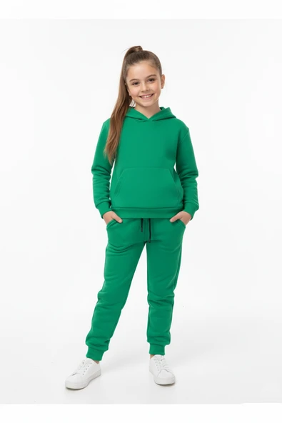 Basic Düz Kanguru Cepli Kapüşonlu Çocuk Eşofman MNK0611 - Resim 8