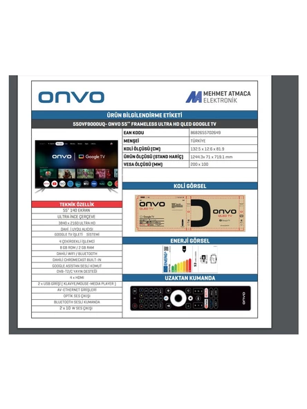 ONVO 55OVF9000 55inc 140 cm 4K UHD Frameless Google Smart QLED TV,Uydu Alıcılı - 5