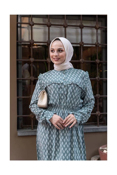 Doğal Kumaşlı - Yeşil Desenli Elbise - 6