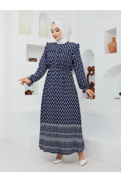 Doğal Kumaşlı - Yeşil Desenli Elbise - 9