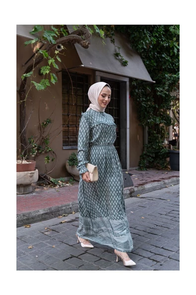 Doğal Kumaşlı - Yeşil Desenli Elbise - 5