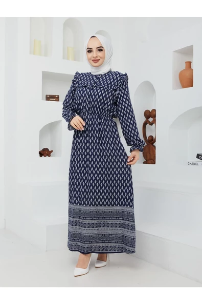 Doğal Kumaşlı - Yeşil Desenli Elbise - 7