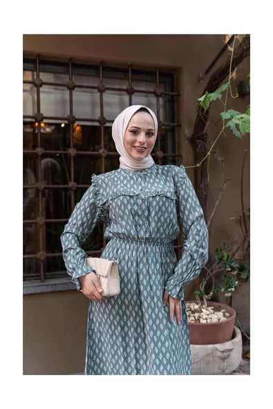 Doğal Kumaşlı - Yeşil Desenli Elbise - 3