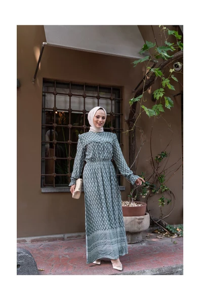 Doğal Kumaşlı - Yeşil Desenli Elbise - 4