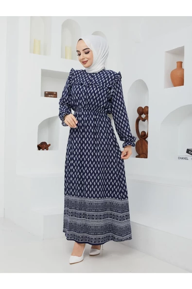 Doğal Kumaşlı - Yeşil Desenli Elbise - 8