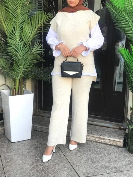 V Yaka Süveter Pantolon Ikili Triko Takım - 2