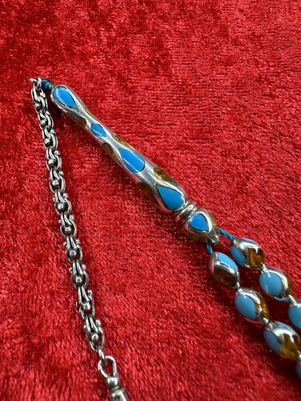 ALBOS MÜCEVHERAT Kehribar İşlemeli Mineli 925 Ayar Mini Boy Gümüş Tesbih - Resim 4