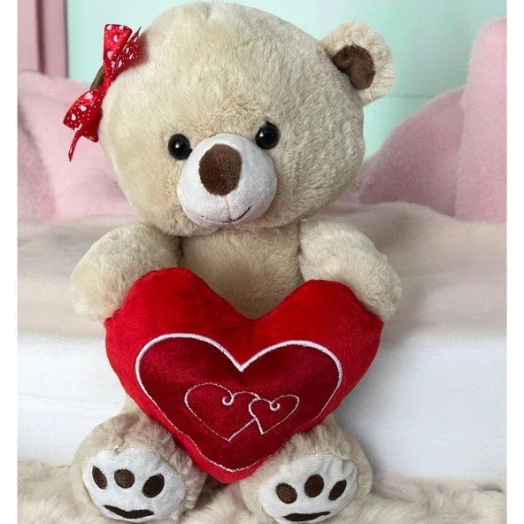 Peluş Ayı 30 Cm Kırmızı Tokalı ve Kalpli - Resim 2