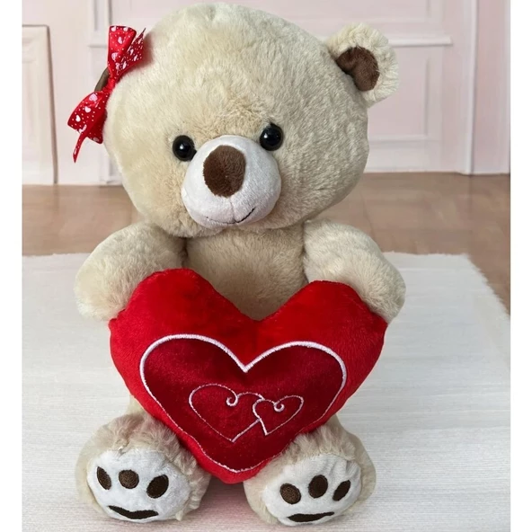 Peluş Ayı 30 Cm Kırmızı Tokalı ve Kalpli - 3