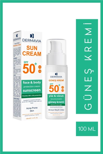 DERMAVİA Spf 50 Yüz Ve Vücut Güneş Kremi Akneye Meyilli Ciltler 100 ml