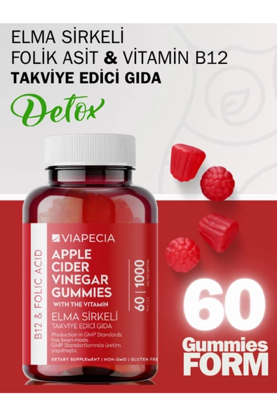 VİAPECİA Elma Sirkeli B12 & Folik Asit Gummy 60 Adet Jelatinsiz Glütensiz Vegan ve Gdo'suz