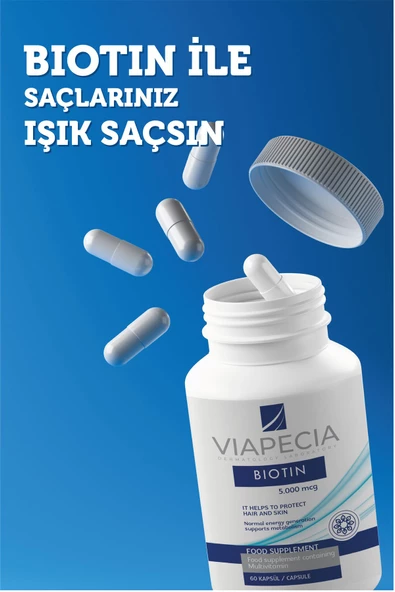 VİAPECİA Biotin 5000 Mg Vitamin Içeren Takviye Edici Gıda Sağlıklı Saç Cilt & Tırnak 60 Kapsül - 4
