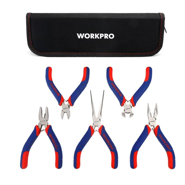 WORKPRO WP201015 CR-V 5 Parça Elektronikçi Profesyonel Mini Pense Seti + Bez Taşıma Çantası