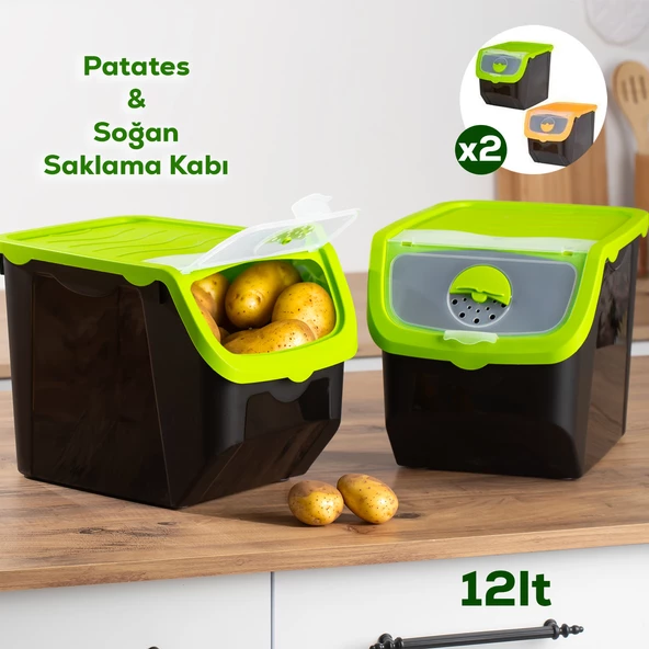 Porsima 1506 Yeşil 2'li Çok Amaçlı Plastik Patates Soğan Sarımsak Oyuncak Erzak Saklama Kutusu 12L