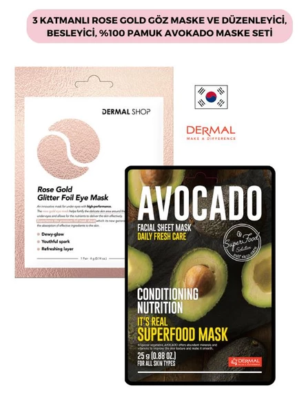 3 Katmanlı Rose Gold Göz Maske ve Düzenleyici, Besleyici, %100 Pamuk Avokado Maske Seti