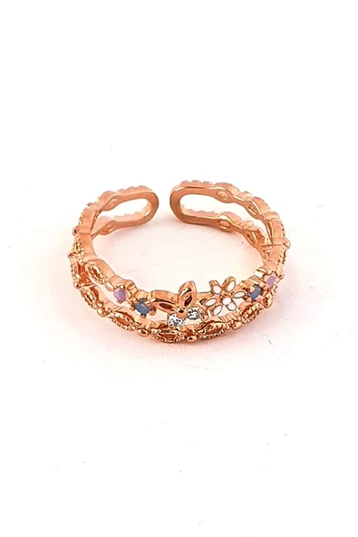 Kelebek Figürlü Swarovski Taşlı 925Ayar Gümüş Rose Ayarlanabilir Yüzük ürün görseli