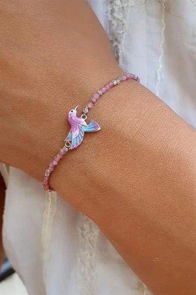 925Ayar Gümüş  Mine İşçiliği Totem Kuşu Doğal Pembe Kuvars Taşlı Bileklik ürün görseli