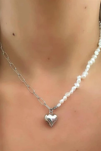 Barok İncili Ataç Zincir Detaylı 925Ayar Gümüş İtalyan Tasarımı Bombeli Kalp Kolye ürün görseli